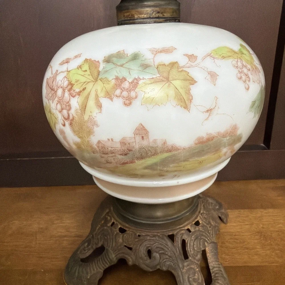 Oil Lamp Glass Transfer pattern Grapevine Winery Vintage 19